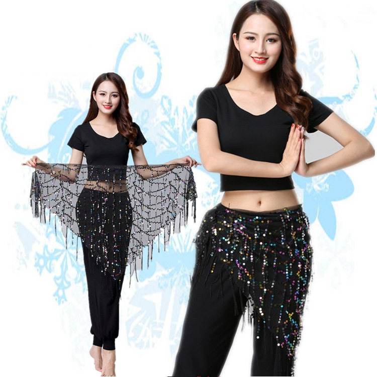 Belly dance waist chain Indian dance costume Performance suit Tassel waist towel belt Hip towel Sequin triangle towel