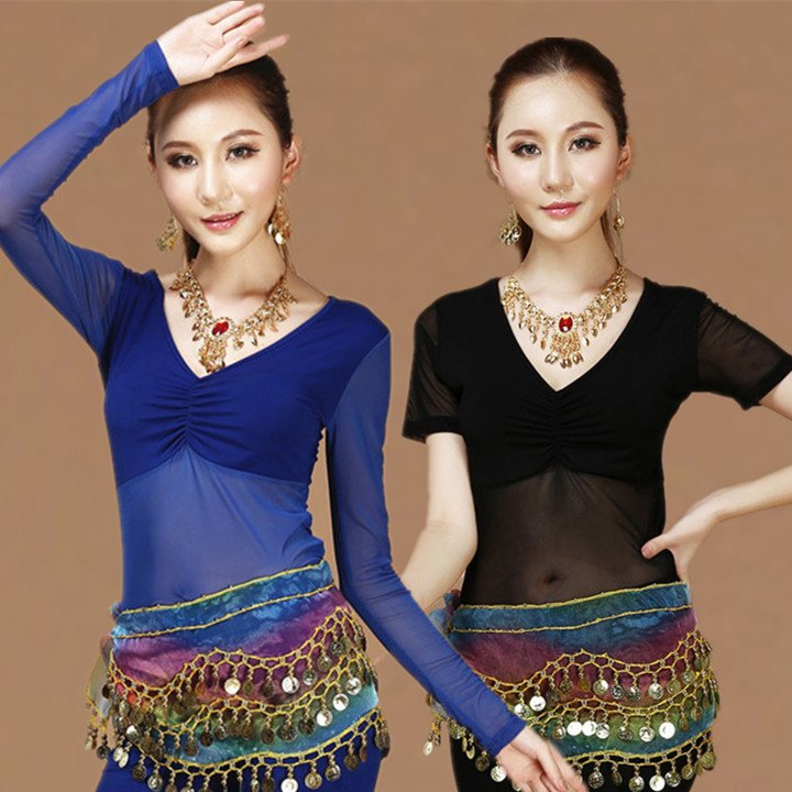 Belly dance tops dance practice clothing V-neck practice bottoming shirt semi-transparent yarn long-sleeved short-sleeved cover belly