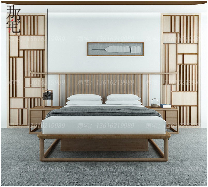 New Chinese style solid wood bed Double hotel Zen bed model room 1.8 meters 2m large bed bedroom modern wedding bed furniture