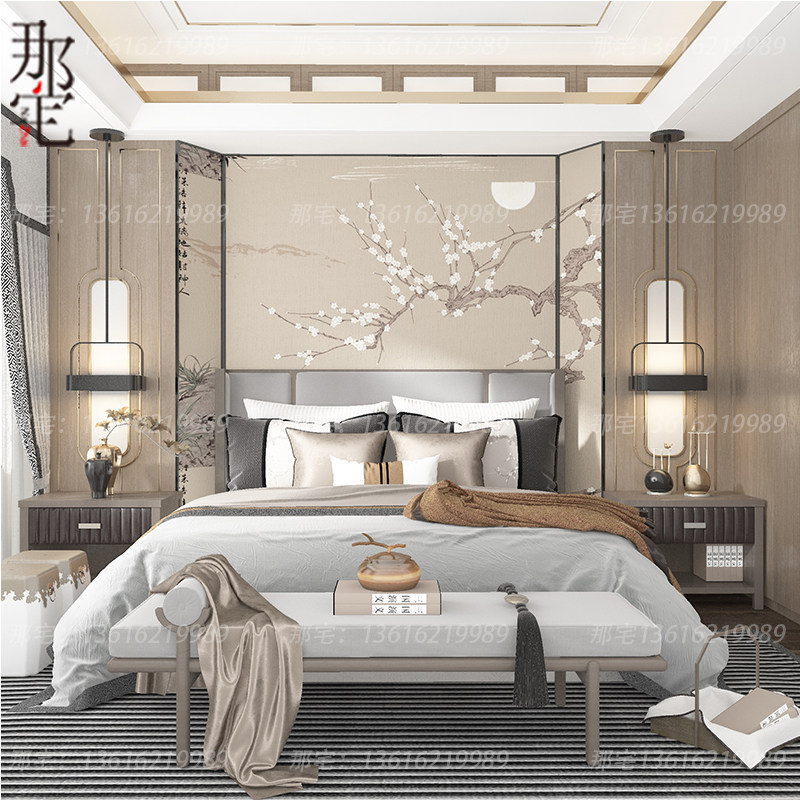 New Chinese Solid Wood Double Bed Light Lavish Hotel Villa Simplicity Post Modern Zen Wedding Homeowner Bedroom Furniture Custom