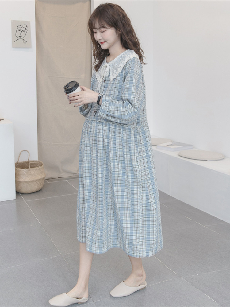 Pregnant woman Spring loaded with fashion style Loose Long Version Over Knee Lace Collar Plaid Spring Autumn Cotton Twist Doll Skirt Spicy