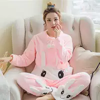 Bộ đồ ngủ flannel mùa thu và mùa đông phiên bản Hàn Quốc của phụ nữ đệm da cừu ấm áp hoạt hình dễ thương học sinh mặc nhà kiểu đồ bộ