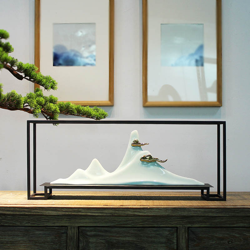 New Chinese-style Landscape Ceramic Fake Mountain Zen-style creative iron frame Living room Xuanguan Table Wine Cabinet Soft Decoration