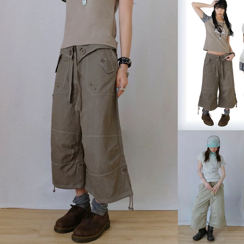 Hugyourskin Niche Retro Casual Cuffed Waistband Visible Seam Workwear Cropped Pants Women's Drawstring Straight-Leg Pants
