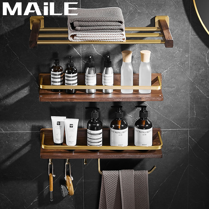 Light luxury non-perforated Nordic solid wood bathroom shelf wall-mounted bathroom storage cosmetics towel word partition