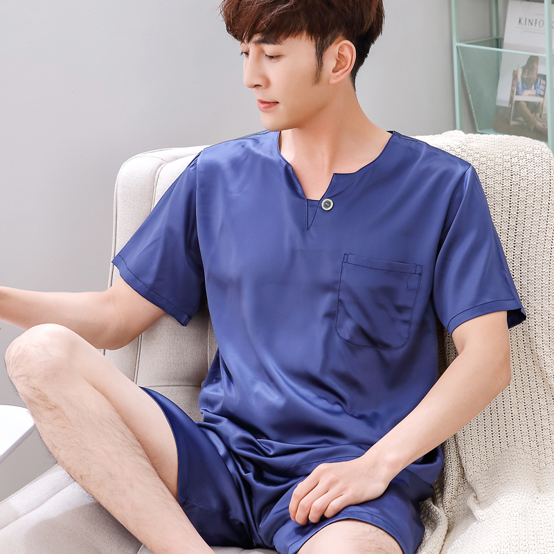 Bộ đồ ngủ mùa hè mens quần short băng mỏng đồ ngủ lụa mens cỡ lớn lụa tơ tằm mặc nhà phù hợp.