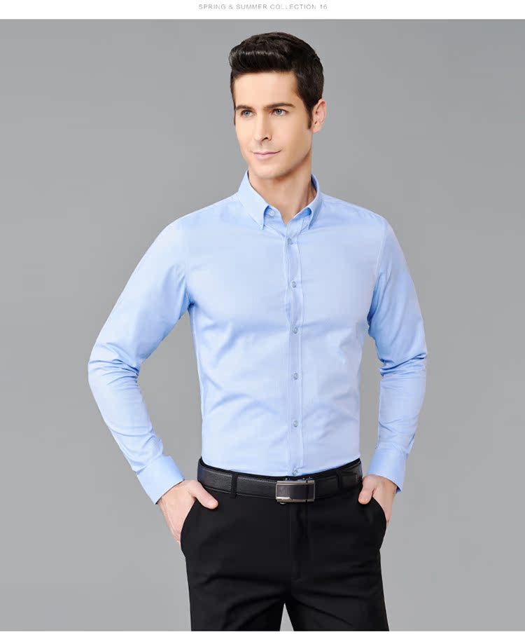 Shanshan nam áo dài tay oxford rắn màu áo trẻ trung Slim giản dị phiên bản châu Âu khóa cổ áo sơ mi dài tay ao so mi cong so
