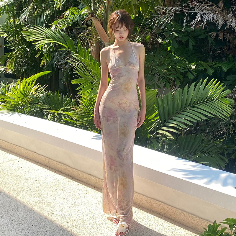 Dreamynerd Wisteria Blossom Floral Spaghetti Strap Dress Women's Waist-Cinching Backless V-Neck Bodycon Mermaid Long Dress
