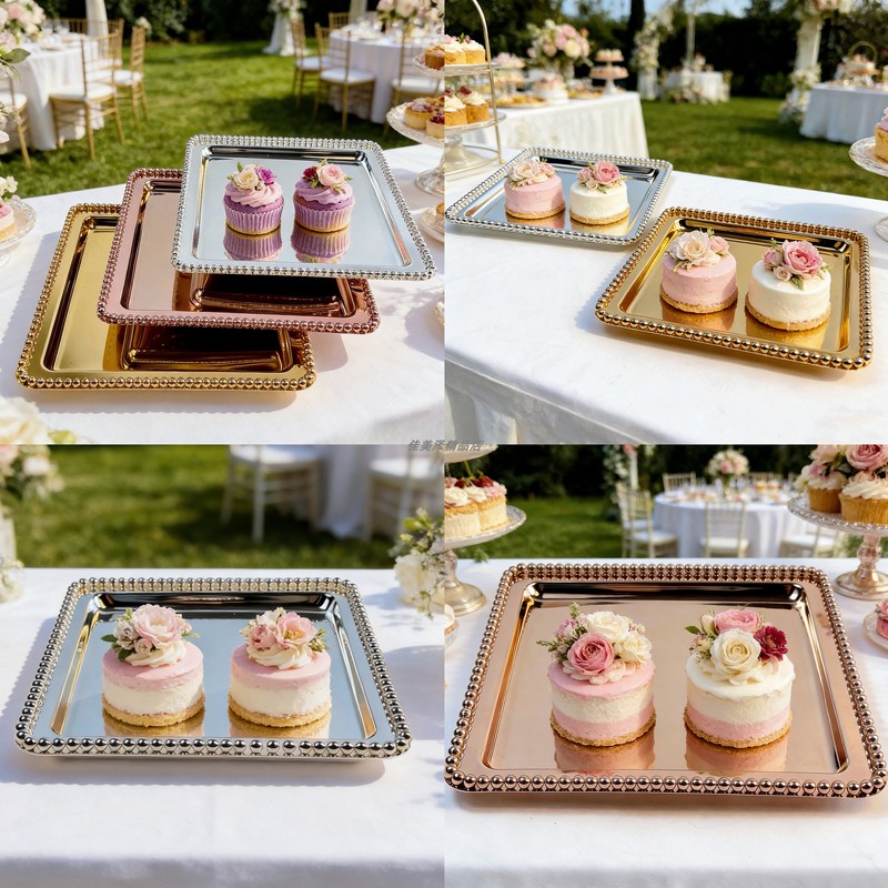 Multi-Color Metal European-Style Square Tray Silver Afternoon Tea Snack Tray Bead Tea Tray Cake Tray Dessert Display Stand
