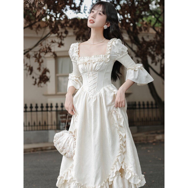 Angel's Cradle French Retro Palace-Style White Dress with Waistband Early Autumn Outfit Princess Dress Angel's Cradle French Retro Palace-Style White Dress with Waistband Early Autumn Outfit Princess Dress