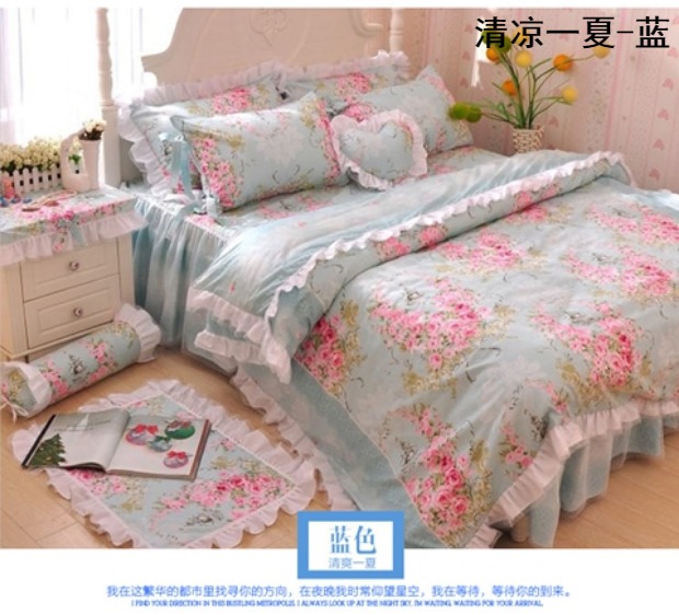 Yêu Địa Trung Hải theo phong cách Hàn Quốc bộ đồ giường màu xanh bông dệt giường bông Bốn hoạt động vững chắc - Bộ đồ giường bốn mảnh mền gối