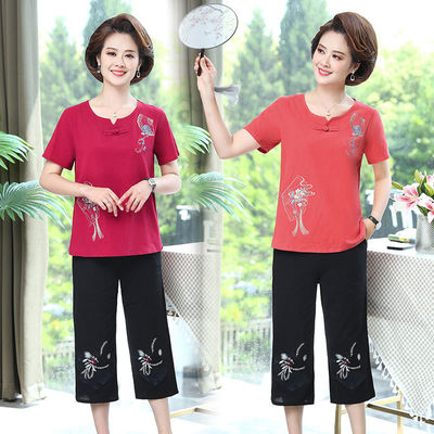 妈妈装夏装套装纯棉2021新款绣花短袖T恤40岁50中老年女装两件套