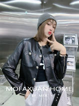 European Station's new leisure round single-row buckle belt collar leather jacket short coat female J