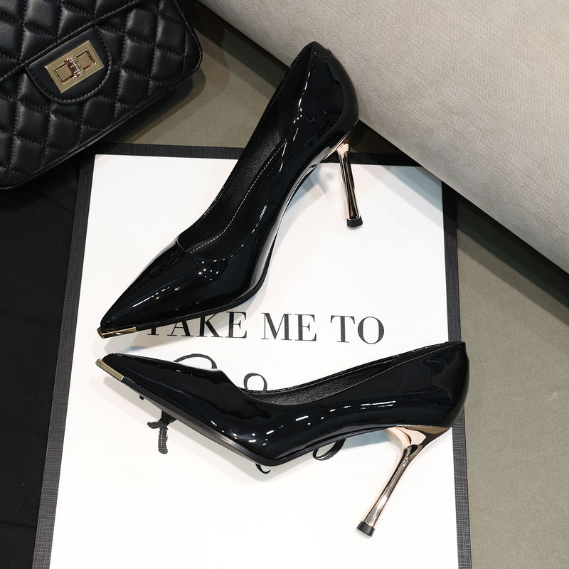 New Design European and American Versatile Patent Leather Pointed Toe Work Professional Ol Single Shoes Black High Heels Women's Stiletto Shoes
