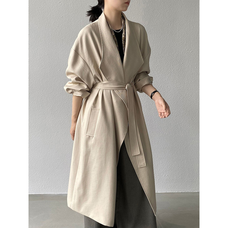 Korean and Japanese Style Trench Coat for Women, Made of Tencel Linen in Light Colors, French-Style Cinched Waist, Russian-Style Long Coat, with a Rich Lady Vibe