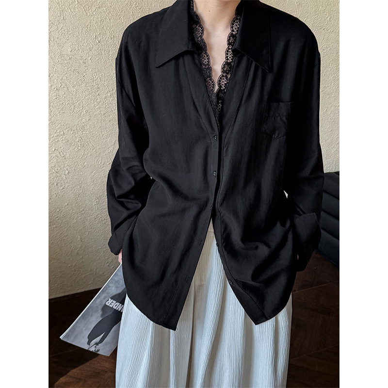Lace Spliced Tencel Mid-Length Long-Sleeved Shirt, Black Shirt, High-End, Feminine, Niche, Non-Contrasting Style Top Lace Spliced Tencel Mid-Length Long-Sleeved Shirt, Black Shirt, High-End, Feminine, Niche, Non-Contrasting Style Top