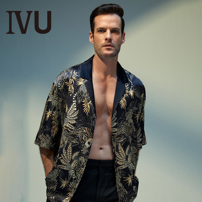 Anlifang Ivu Printed Mulberry Silk Short-Sleeved Home Top Men's Shirt Collar Pajamas Uf00085/Uf00084