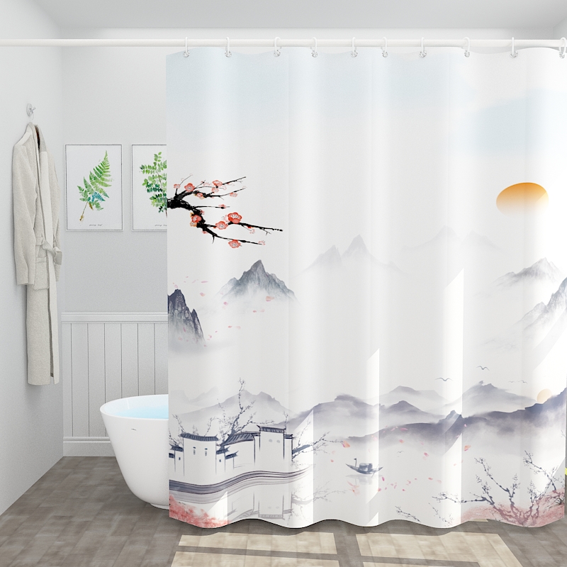 Ancient Wind Bath Curtain Bathroom Thickened Japan Waterproof Bath Chinese Make-up Room Bath Curtain Suit Free of perforated partition windows