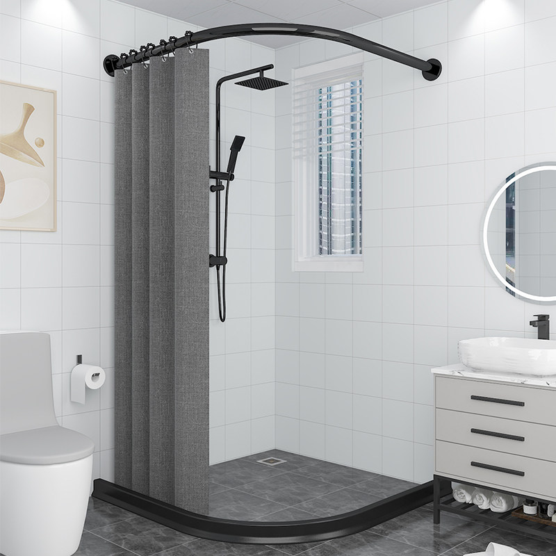 Shower curtain rod Hole-free bathroom curved rod Toilet corner track l-shaped bath rod u-shaped stainless steel telescopic rod