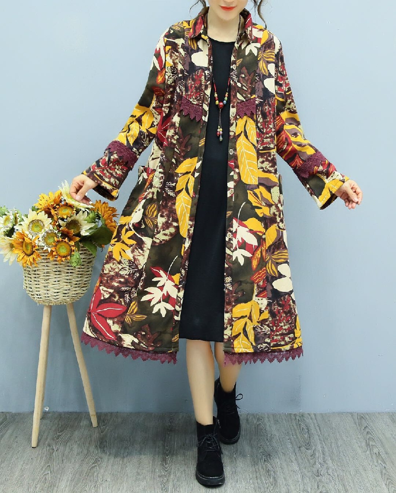 Áo cotton và vải lanh in họa tiết retro cộng với áo khoác nhung nữ Áo choàng dài ấm áp và thoải mái áo choàng dài áo choàng 0,71 áo dạ nữ dáng dài hàn quốc