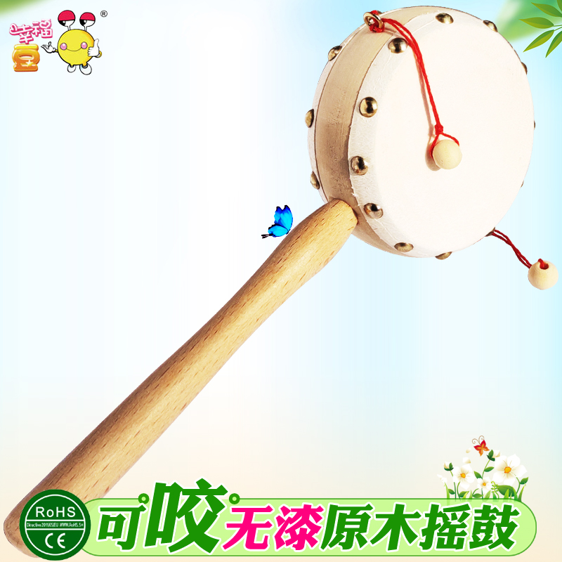 Log Rattle Cowhide Baby Hand Drum Wooden Toy Newborn Kids Cargo Lang Drum Wooden Toddler Drum