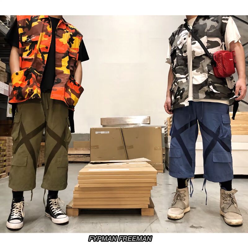 FYPMAN Velcro túi lớn dây rút rộng chân rộng quần yếm nam và nữ nước triều hip hop bảy quần thường quần thể thao nam