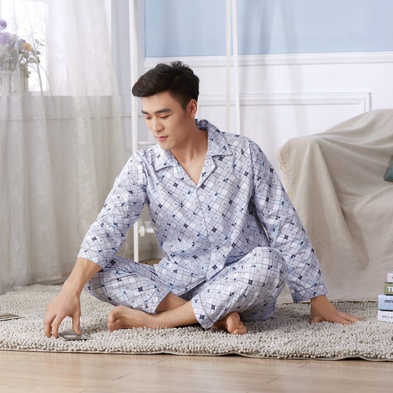 Mùa xuân và mùa thu cotton đồ ngủ nam dài tay vải cotton dịch vụ nhà kích thước lớn cha trung niên dệt mỏng ngắn tay phù hợp với