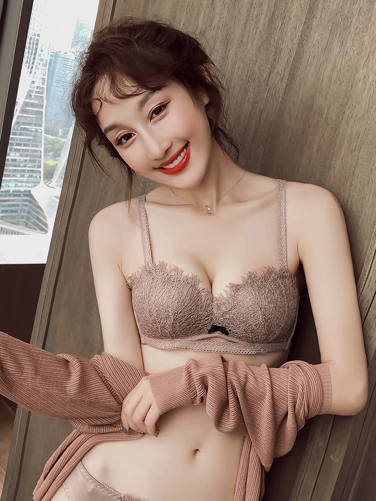 He Yunge Đồ lót nữ Ren ren Thanh lịch Girly Bow Bra Soft Gathering Bra Set - Bộ đồ lót