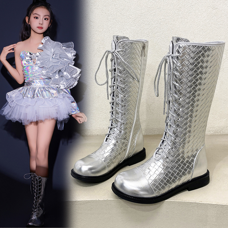 Girls' Boots 2026 New Autumn and Winter Long Boots Kidsren's Performance Stage Catwalk Silver Fleece-Lined Kidsren's Boots Girls' Boots 2026 New Autumn and Winter Long Boots Kidsren's Performance Stage Catwalk Silver Fleece-Lined Kidsren's Boots