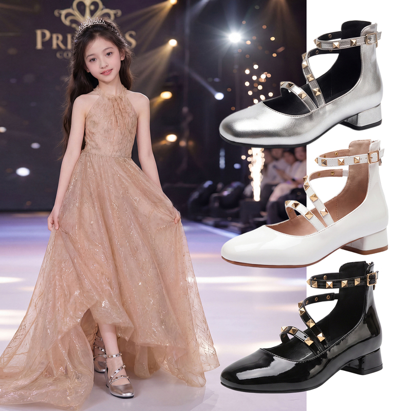 Girls' High-Heeled Shoes, Elsa Princess Leather Shoes, Patent Leather Kidsren's Performance Catwalk Etiquette Shoes, Silver Junior High School Students' Flats