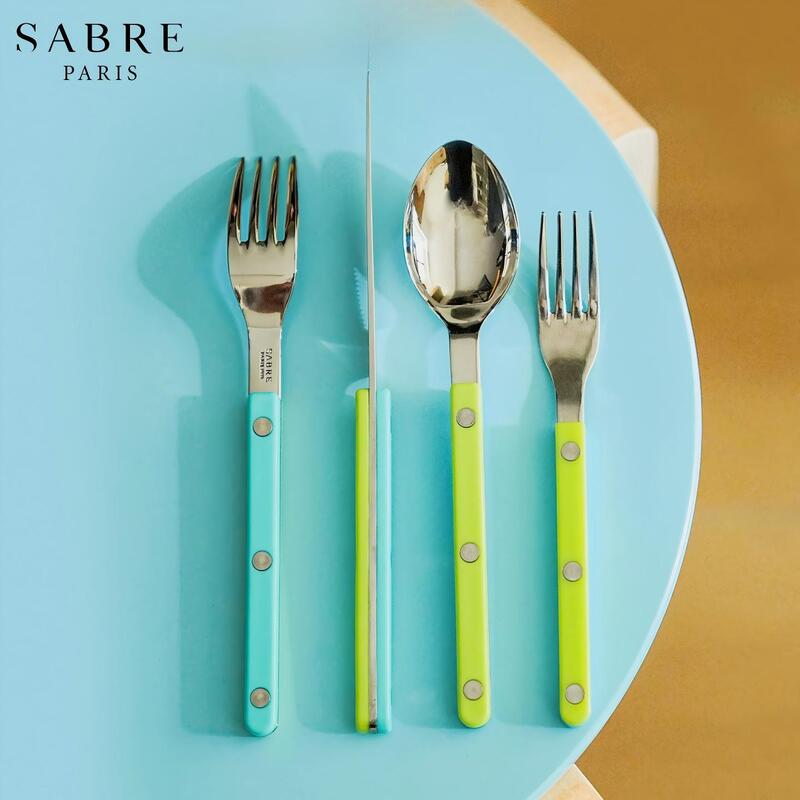 French Sabreparis Lime Green and Aqua Blue Western Cutlery Set Steak Knife and Fork Stainless Steel Luxury Spoon