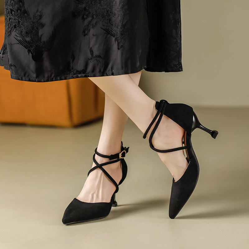 3cm Nude-Colored Closed-Toe Sandals for Women, Summer French Style, Non-Slip, Lace-Up, Hollow Pointed Toe, Suede High Heels