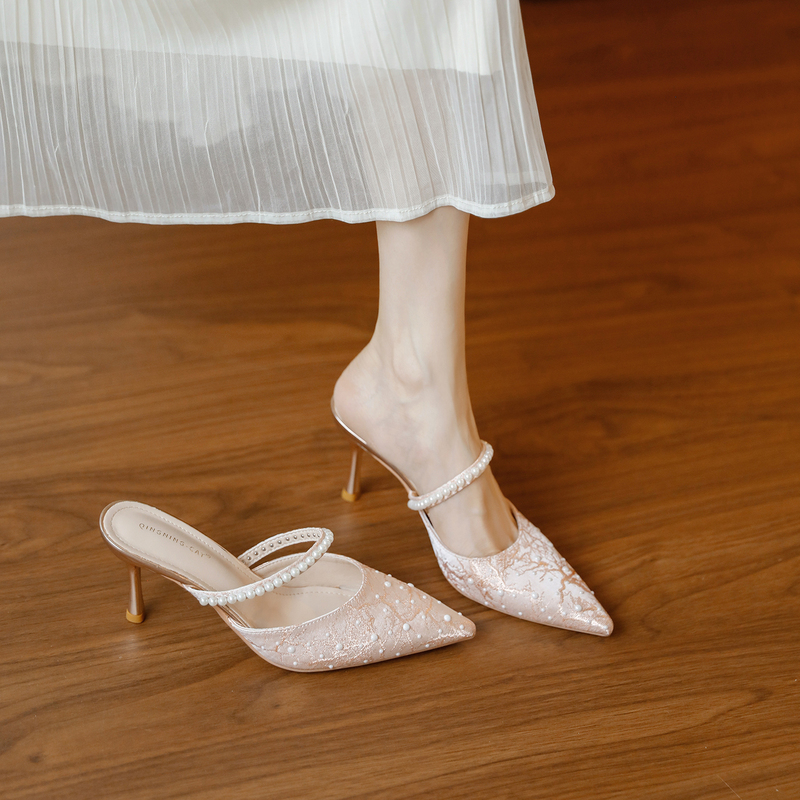 Pink Pearl Embroidered Satin Slip-On Mules for Women, Summer Fairy-Style Outerwear, Fashionable High-Heeled Sandals to Wear with Dresses
