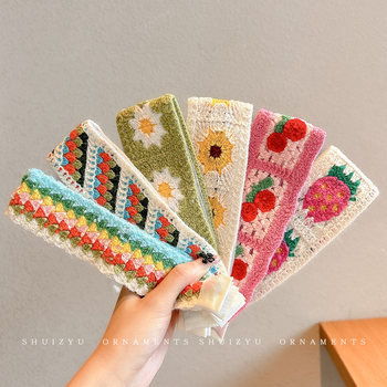 French-Style Floral Knitted Velcro Headband for Women 2025 New Model Bangs and Stray Hair Organizer Magic Hairband Hairpin Headwear