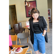 Muzi ideal autumn fat mm size high waist denim five-point pants women thin soft and comfortable shorts middle pants 200 Jin