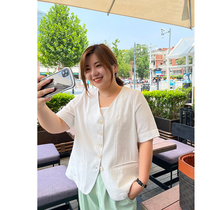 Small exquisite white half sleeve suit large size Summer small coat women fat mm short sleeve top 200kg wooden ideal