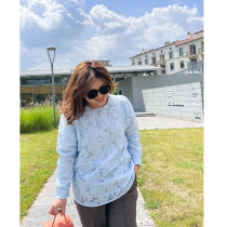 Muzi ideal large size coat female fat mm autumn new round neck cut flower bubble sleeve back collar shape shirt 200kg