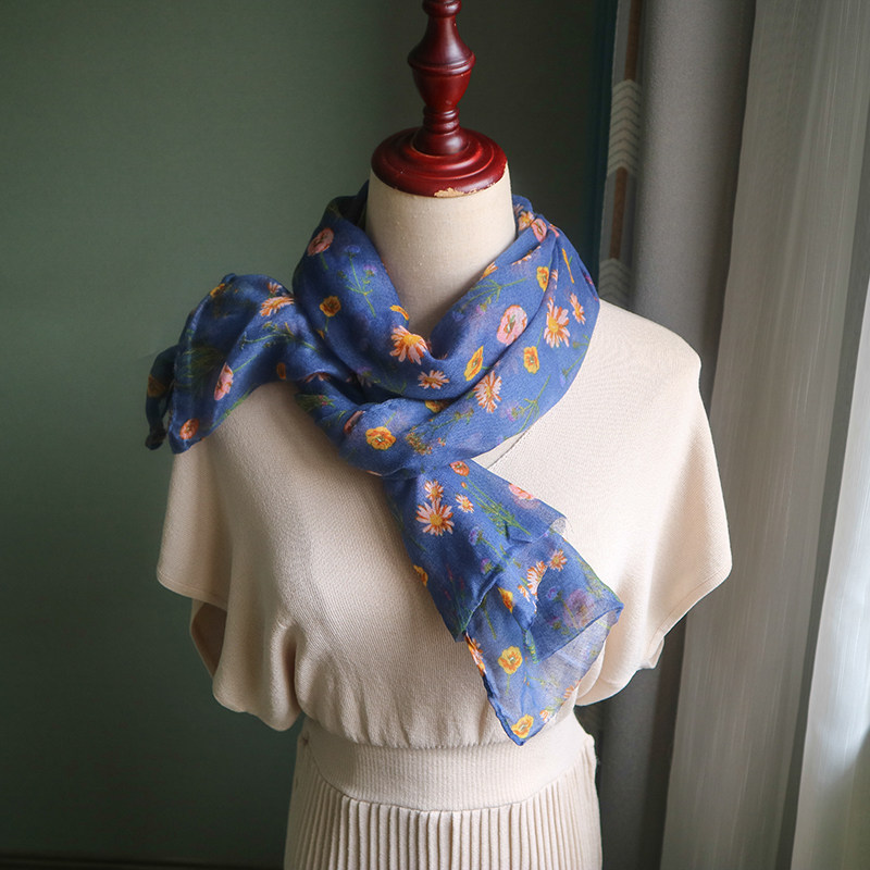 Scarf dark blue bottom daisy yellow scarf female winter shawl retro style ladies thin silk scarf literary spring and autumn
