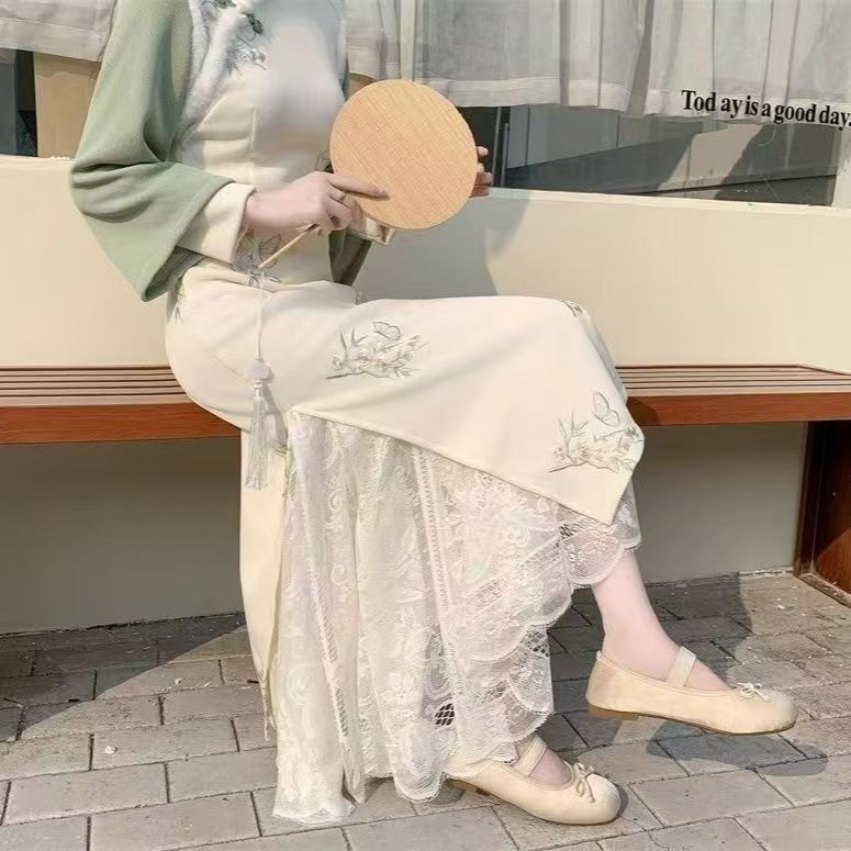New Cheongsam Petticoat Hanfu Slimming Lace Base High-Waisted Skirt with Lace Trim Mid-Length Mesh Skirt with Large Hem