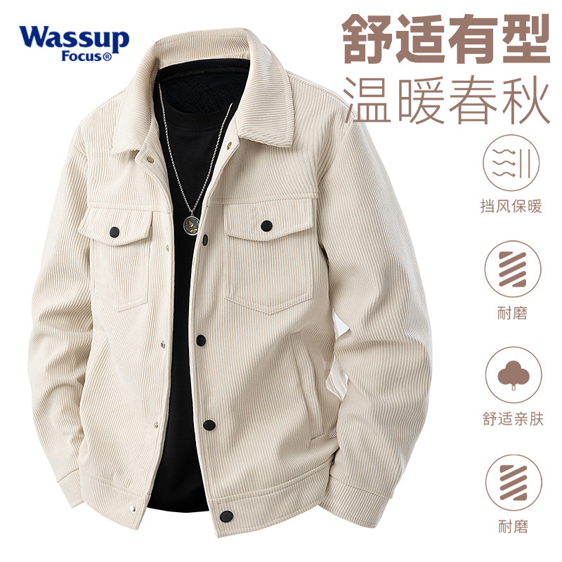 Trendy Retro Corduroy Jacket for Men, Versatile American-Style Multi-Pocket Workwear Jacket with a Turn-Down Collar for Spring and Autumn