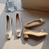 2020 Spring new pearl single shoe fairy Wind China heel Han version cow leather head layer leather Shallow Mouth Soft Leather Girl Shoes