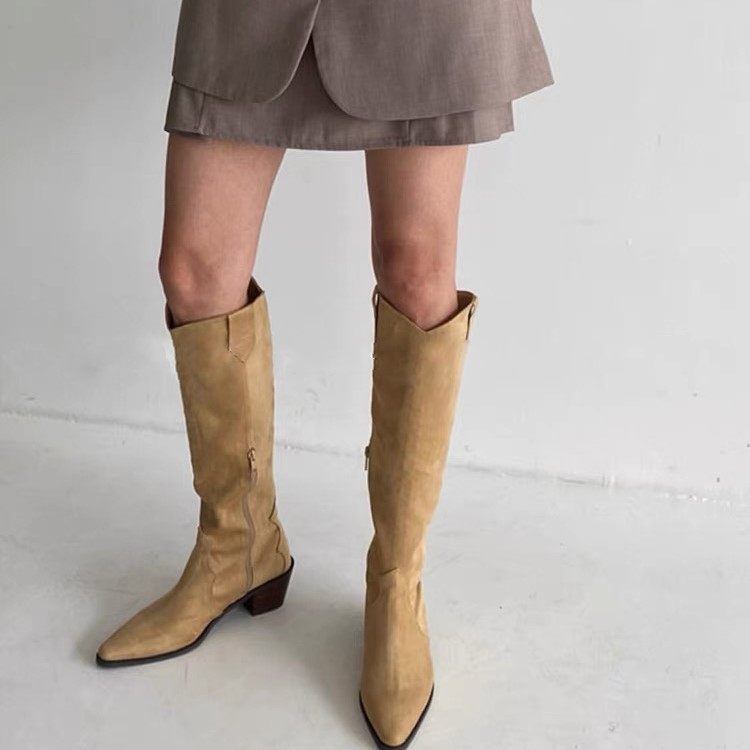 South Korea Nets Red Western Cowboy Boots Woman Long Barrel Boots Spring Autumn New Pointed Retro Inron Wind High Cylinder Riding Boots