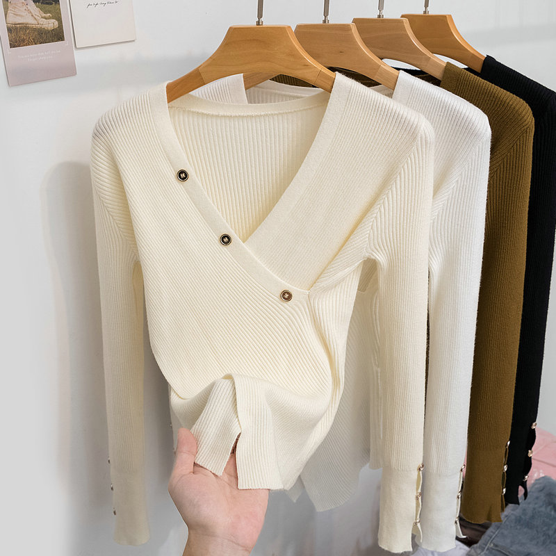 Irregular, Pure and Alluring, Slimming V-Neck Sweater with Cross A4 Waist, Slim Fit, Slit Pullover Knit Long-Sleeve Inner Top
