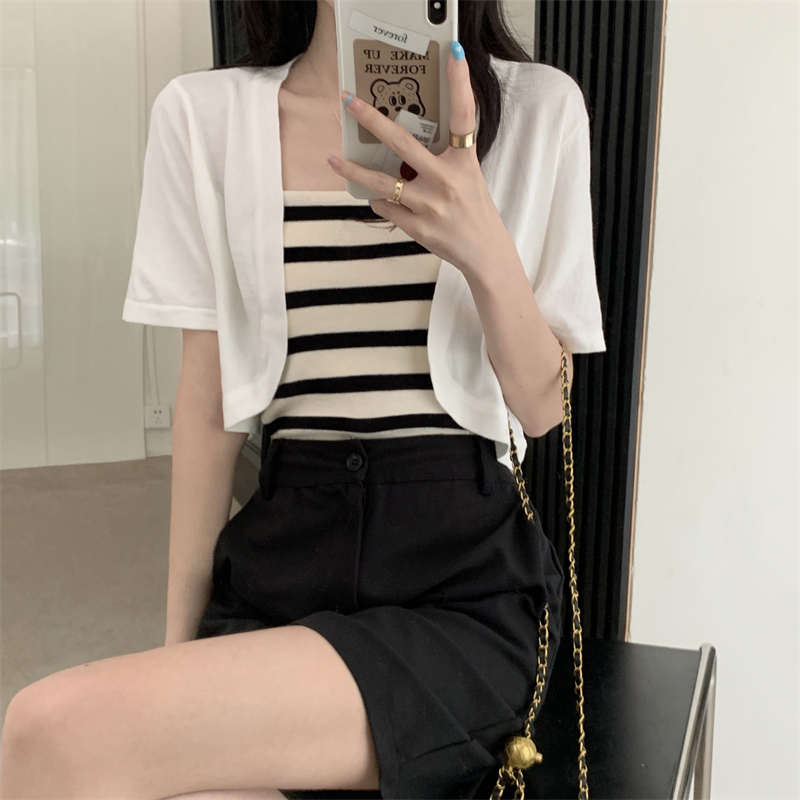 Short-Sleeved Shawl for Summer, Paired with a Skirt, Small Vest, Ice Silk Sun Protection Clothing, Knitted Cardigan, Thin Short Top for Women