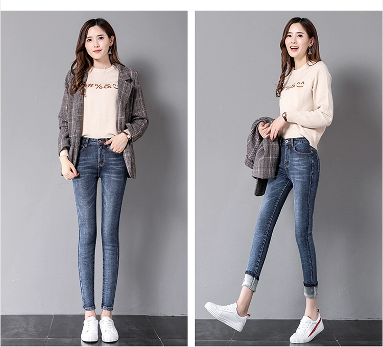 Với quần jeans nhung nữ dày mùa đông 2018 mới eo cao đã mỏng chân ấm và quần nhung nữ mặc