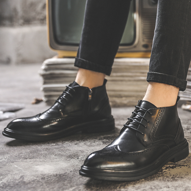 Martin Boot Men's Inn Wind High Sensation Business Positive Dress Leather Shoes Men High Drum Clock Sculpture Flowers Chelsea Leather Boots