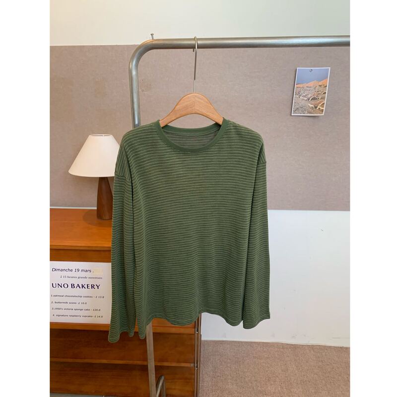 Yueli Golly Striped Long-Sleeve T-Shirt for Women, 2026 Spring Vintage Style, Dark Green, Drapey, Lazy Korean Style Base Shirt