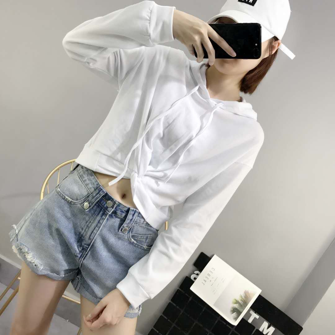 QIXUANER2018 đầu mùa thu mới của Hàn Quốc phiên bản của giảm béo lão hóa cao eo xếp li trùm đầu ngắn dài tay áo len top áo khoác bò nữ
