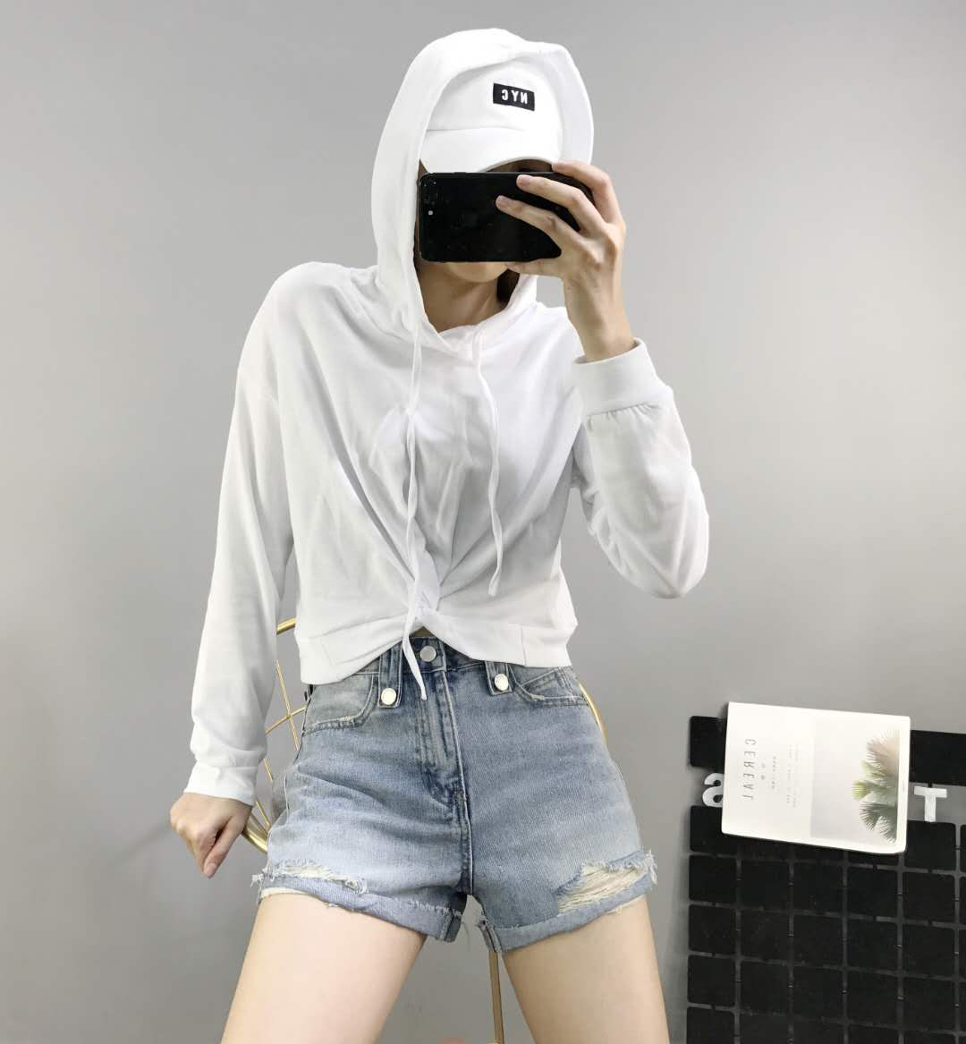 QIXUANER2018 đầu mùa thu mới của Hàn Quốc phiên bản của giảm béo lão hóa cao eo xếp li trùm đầu ngắn dài tay áo len top áo khoác bò nữ
