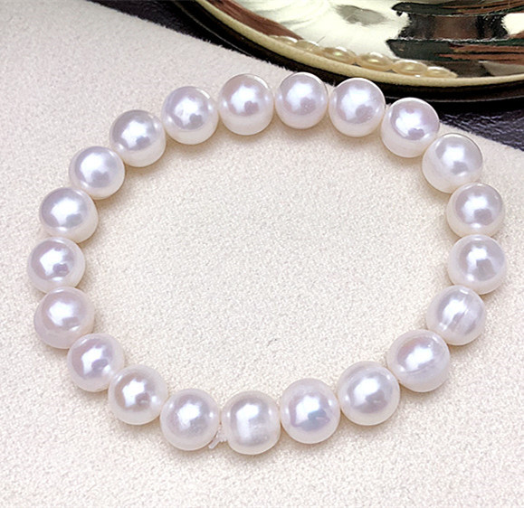 9-10mm Natural Freshwater Pearl Bracelet Elastic Real Pearl Bangle Near Perfect Round Strong Luster Trendy Bracelet for Women
